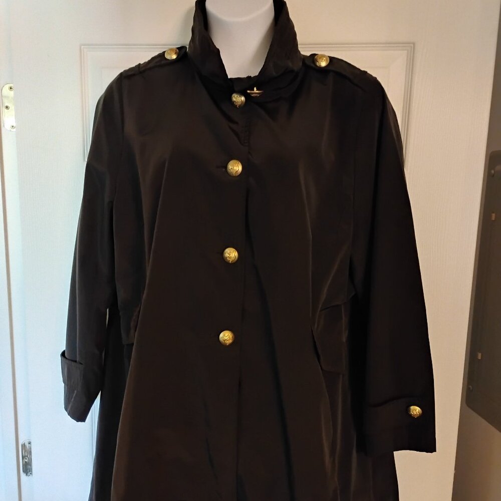 Jane Post, A-Line Military Coat. Size: 1X (14-16) Color: BLACK